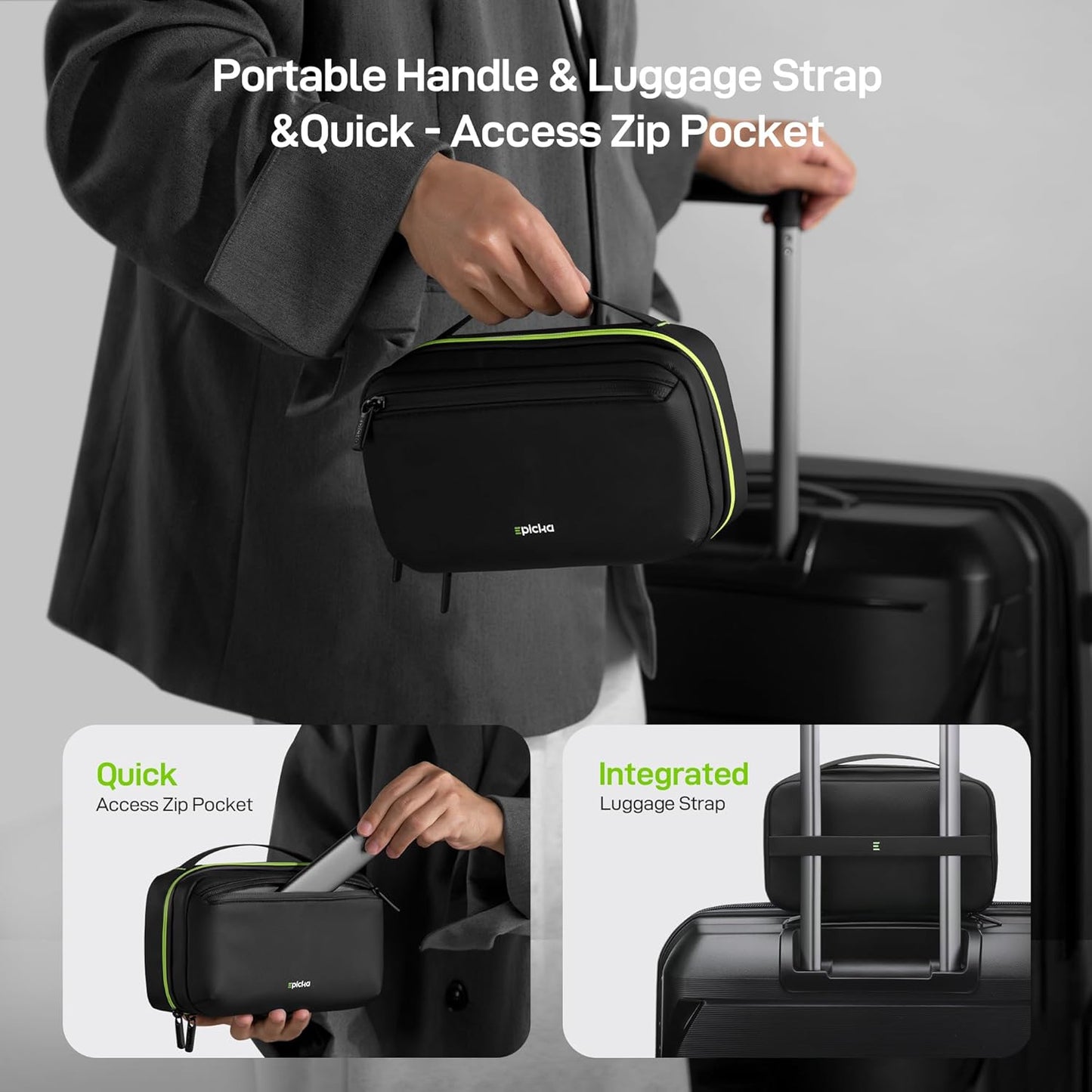 EPICKA Electronics Organizer Travel Case - Cable Organizer Bag for Travel Accessories, Tech Pouch for Cords, Charger, Adapter, Cables, Power Bank, Waterproof Storage Bag with Luggage Strap, Black