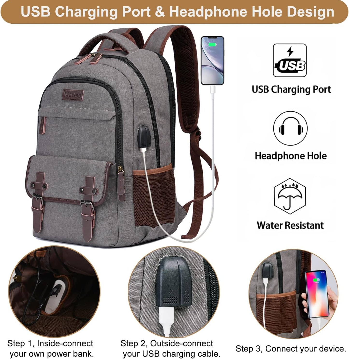 Mactso Canvas Travel Laptop Backpack for Men Women, Business Work Rucksack College Computer Bag Fits 17.3 Inch Notebook,Bookbag with USB Charging Port (Grey, 17.3 Inch)