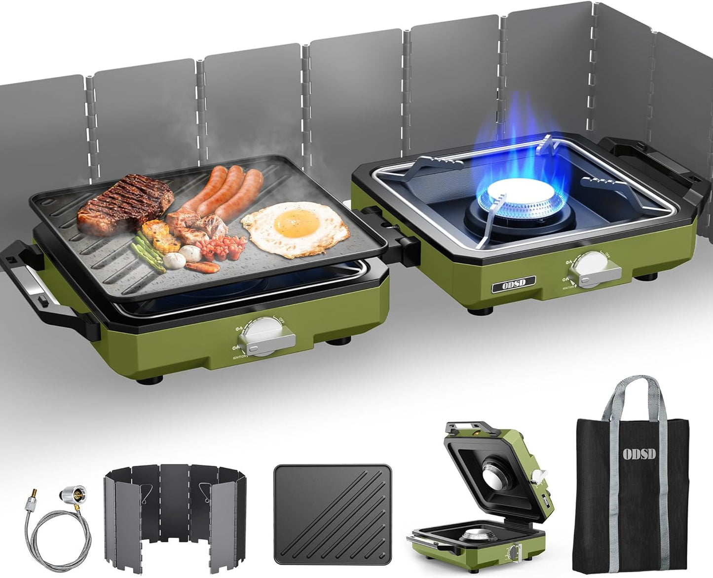 ODSD 2 Burner Camping Stove with Windshield, 20000 BTU Propane Camp Stove, Portable Folding Gas Stove, Camping Essentials Gears Includes Frying Pan, Coffee Stand & Carry Bag, Green