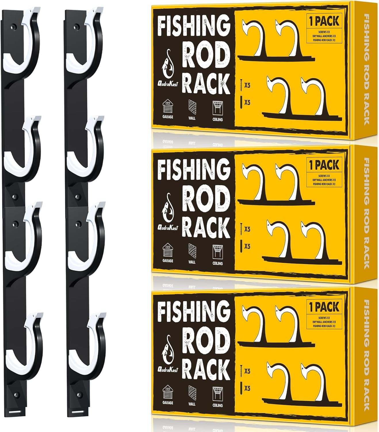 QudraKast Horizontal Fishing Rod Holder for Garage Wall Ceiling Mount - Fishing Pole Holders Fishing Rod Rack Holds Up to 6 Rods or Combos, Ideal Fishing Gift (3Pack)