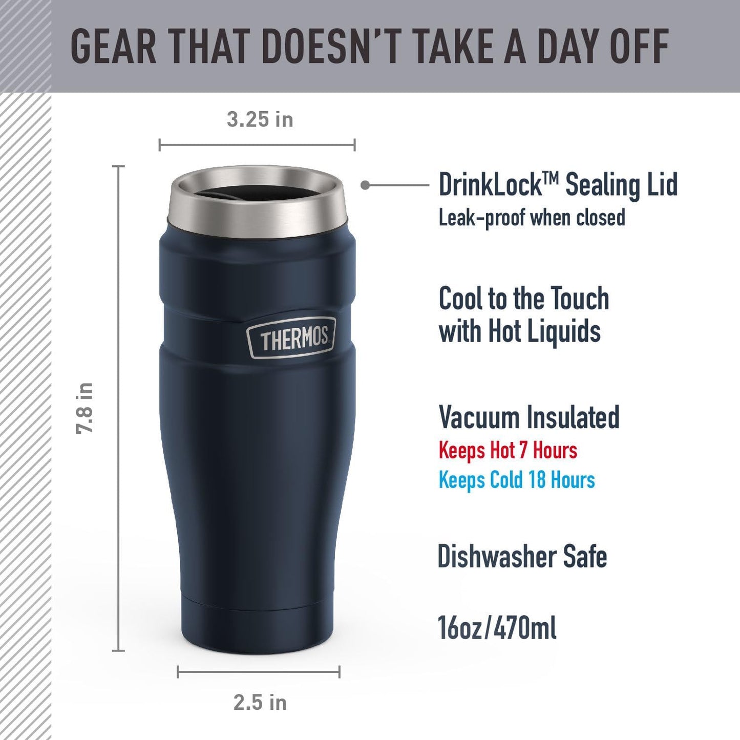THERMOS Stainless King Vacuum-Insulated Travel Tumbler, 16 Ounce, Midnight Blue