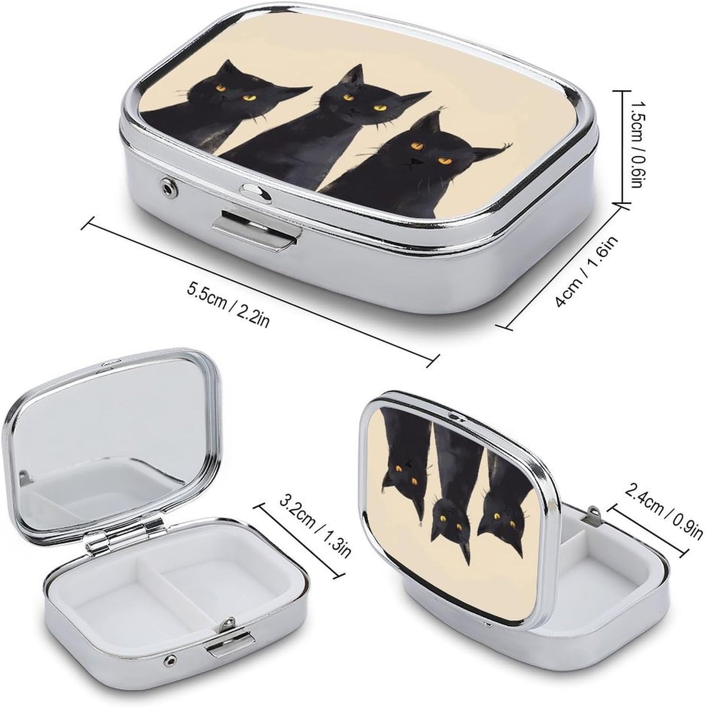 Metal 2 Compartment Pill Organizer Travel Friendly Portable Compact Pill Box Cute Pill Case to Hold Vitamins,Fish Oil,Supplements,Meds,Tablet for Purse,Pocket. (Three Cats)