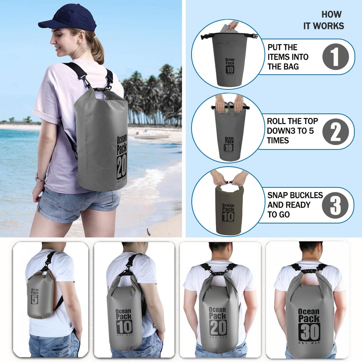 Dry Bag Waterproof Backpack 5L/10L/20L/30L Roll Top Waterproof Bag,Floating Dry bags for Kayaking,Swimming,Boating,Camping,Beach.