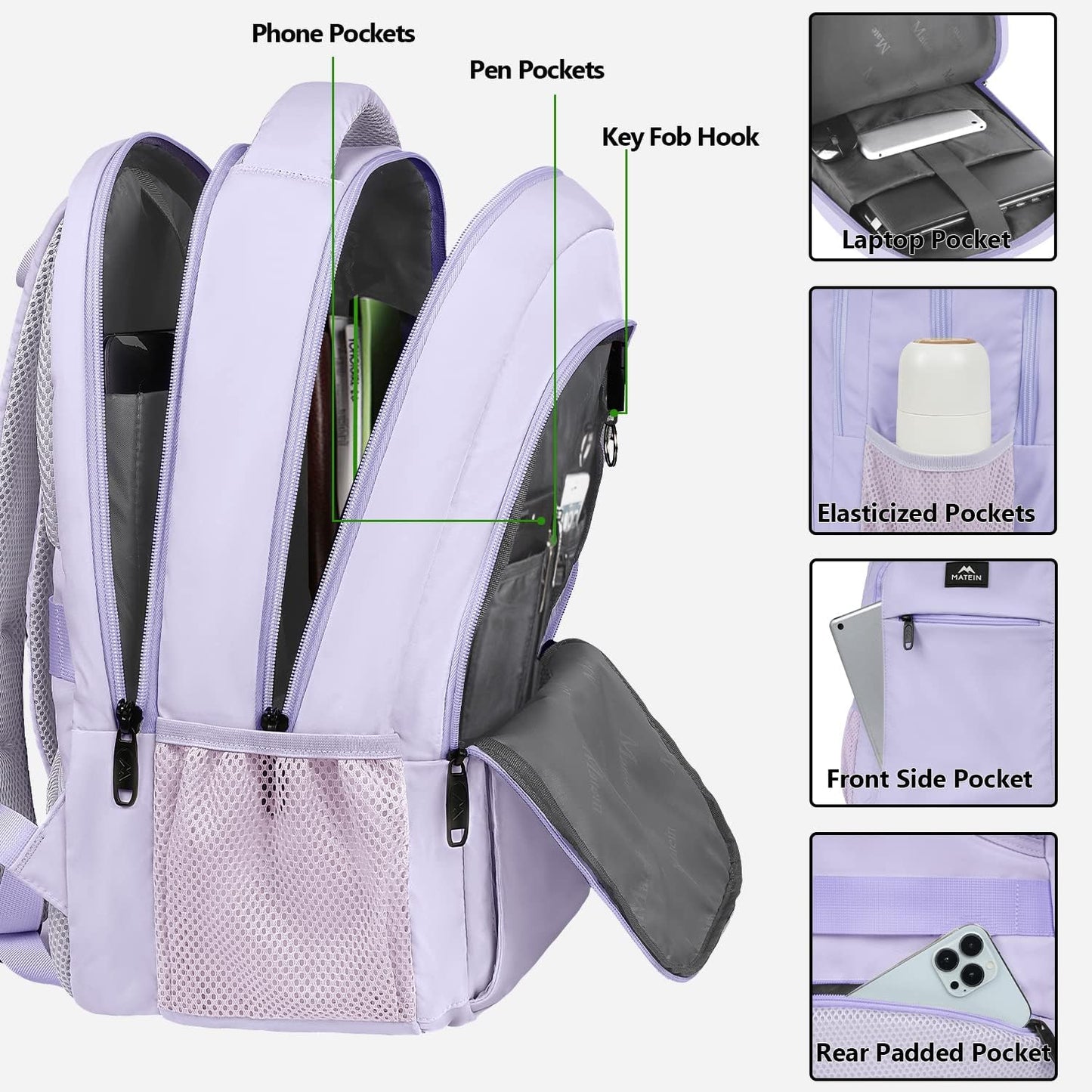 MATEIN Laptop Backpack for Girls, 15.6 Inch College School Backpack for Women with USB Charging Port, Water Resistant Durble Slim Students Bookbag Casual Daypack Travel Computer Nurse Work Bag Gift
