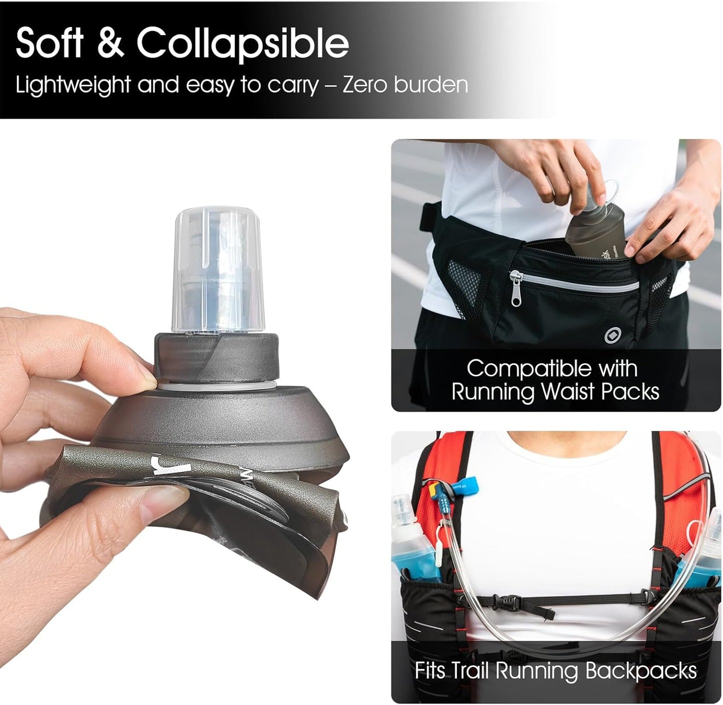 GYGYL Soft Flask, TPU Collapsible Soft Water Bottle for Hydration Pack, Running Vest, Leak-Proof Folding Water Bottle for Hiking Cycling Climbing Jogging-150ml Grey