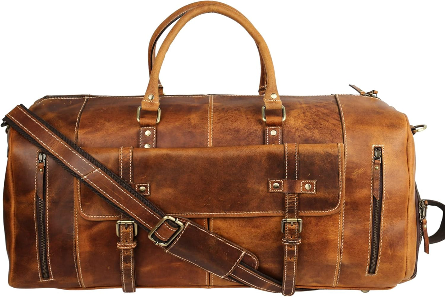 KomalC Leather Duffel Bags for Men and Women Full Grain Leather Travel Overnight Weekend Leather Bags Sports Gym Duffel for Men (Distressed Tan, 28 Inch)