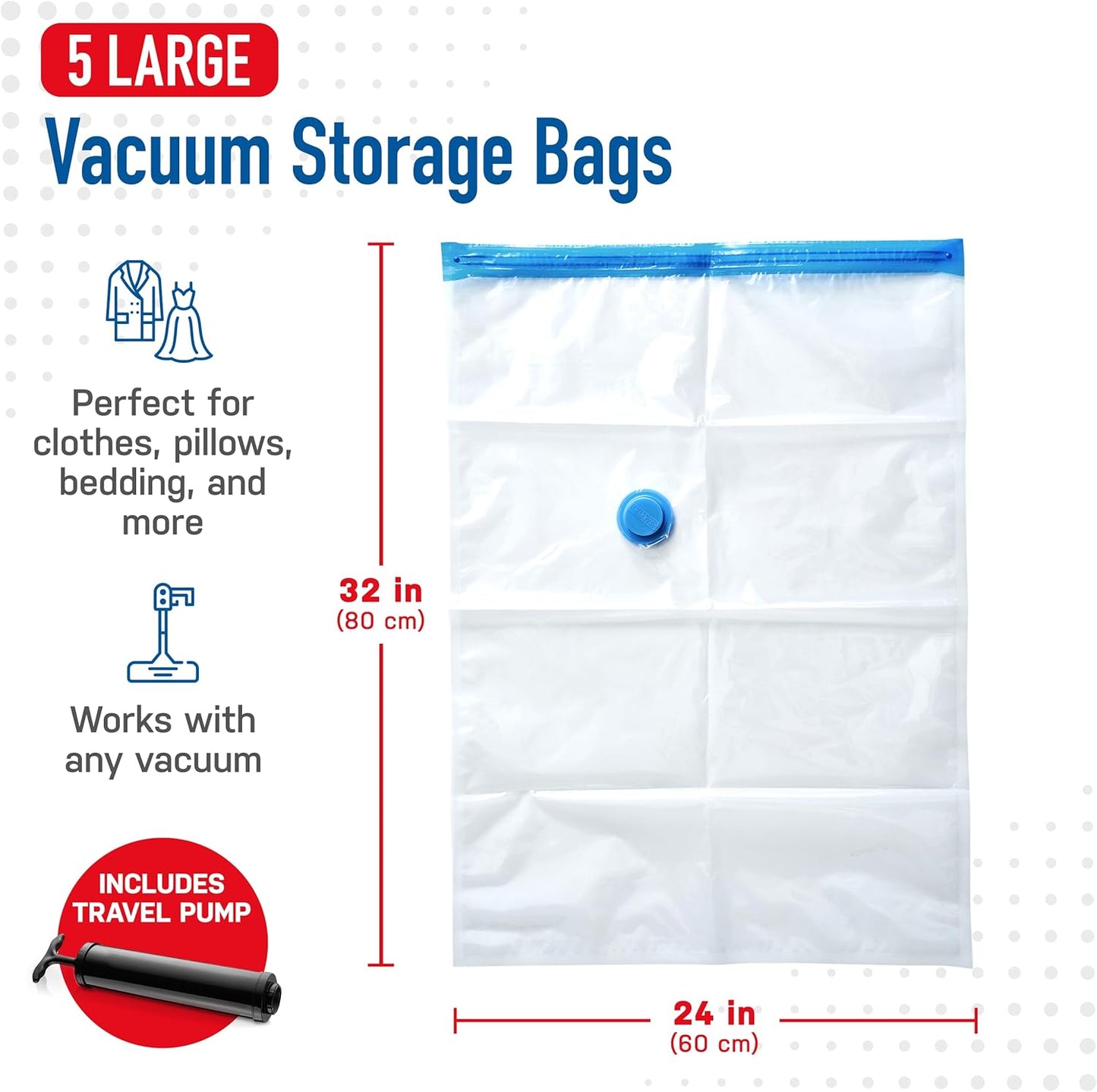 5 Pack Large Vacuum Storage Bags for Comforters, Blankets & Clothes – Vacuum Sealed Compression Bags with Hand Pump – Space Saver Storage Bags for Bedding, Moving, Travel & Organization