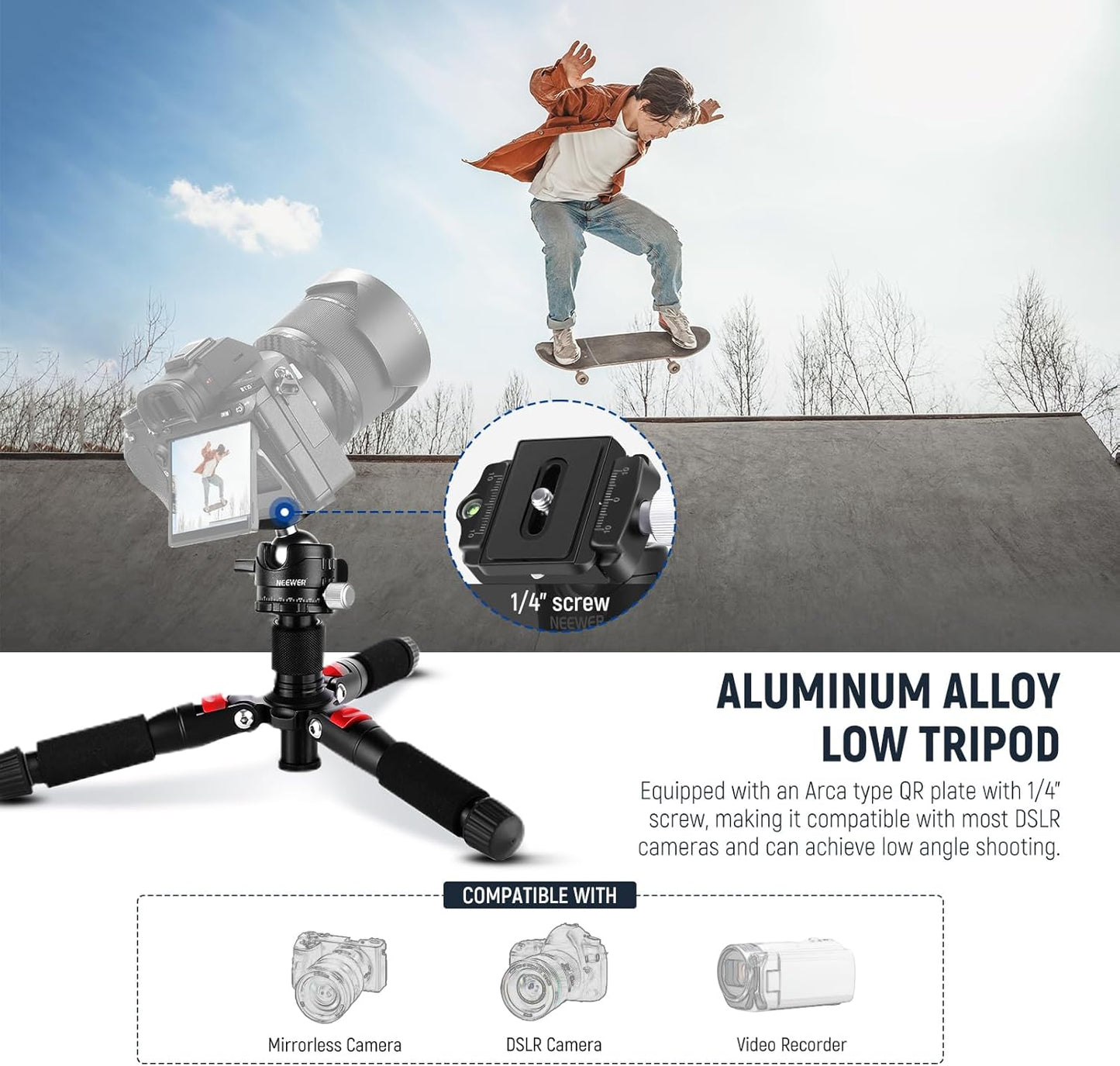 NEEWER Mini Desk Camera Tripod with Cell Phone Holder Compatible with iPhone for Video Recording Filming, 20"/50cm Small Portable DSLR Camcorder Webcam Stand, 360° Ball Head 1/4" QR Plate, TP-AAM521