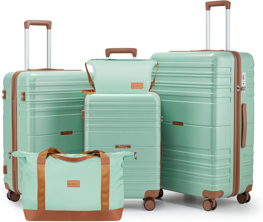 Luggage Sets with spinner wheels, PC+ABS Hard Shell Travel Luggage,Lightweight Carry-on suitcases with TSA Lock,YKK Zippers (Green, 5 piece sets(20/24/28/DB/TB))