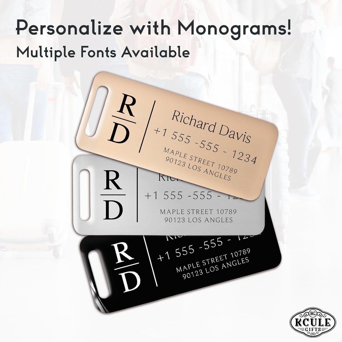 Personalized Luggage Tags for Suitcases 4 Pack - Stainless Steel Custom Luggage Tags for Backpacks & Bags, Sturdy, Waterproof & Heavy Duty (Rose Gold / 3" x 1.25")