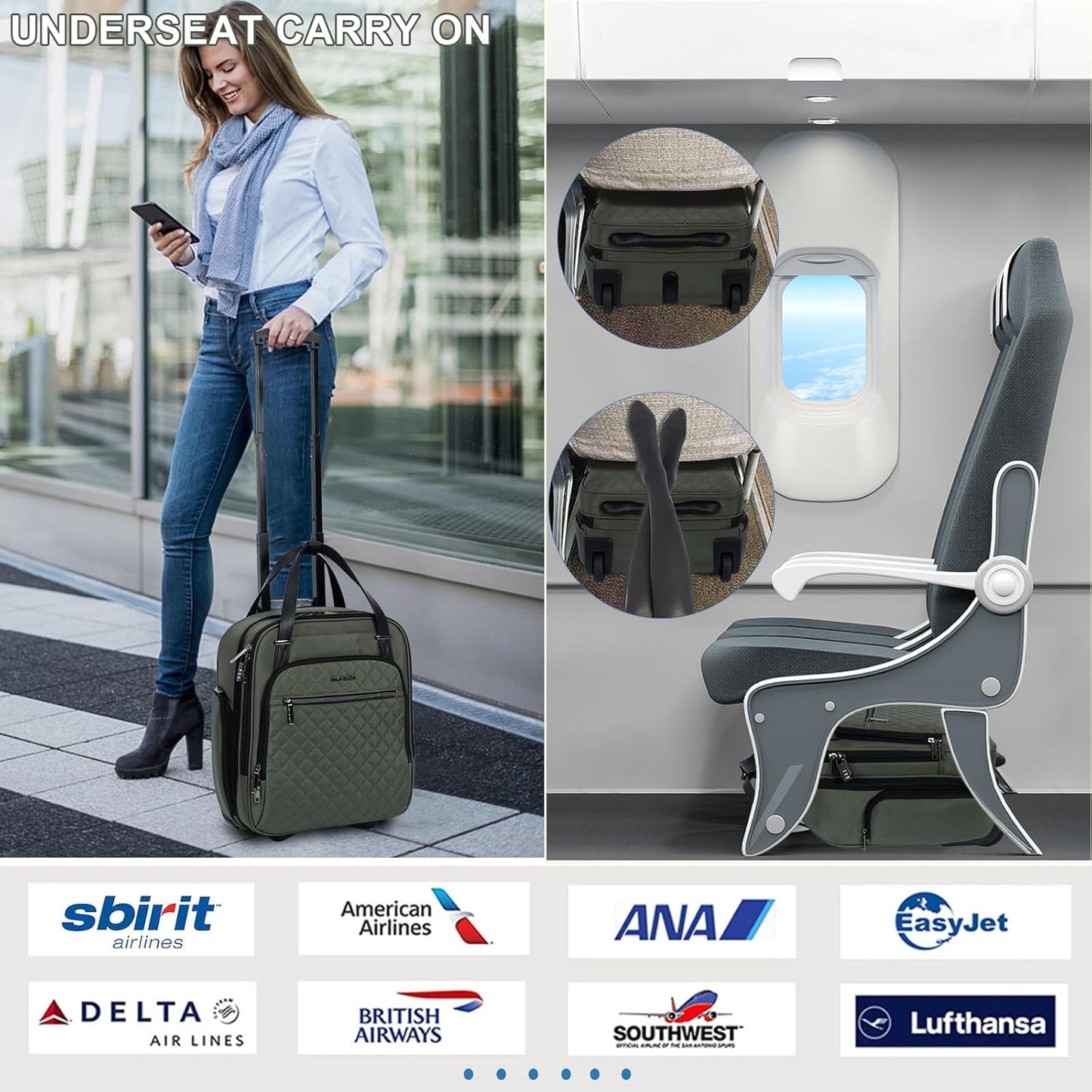 EMPSIGN Underseat Carry On Wheeled - 16" Carry on Bag with Wheels Multi-functional Lightweight Rolling Bag Overnight Weekender Small Suitcase for Women Men Travel Business, Army Green