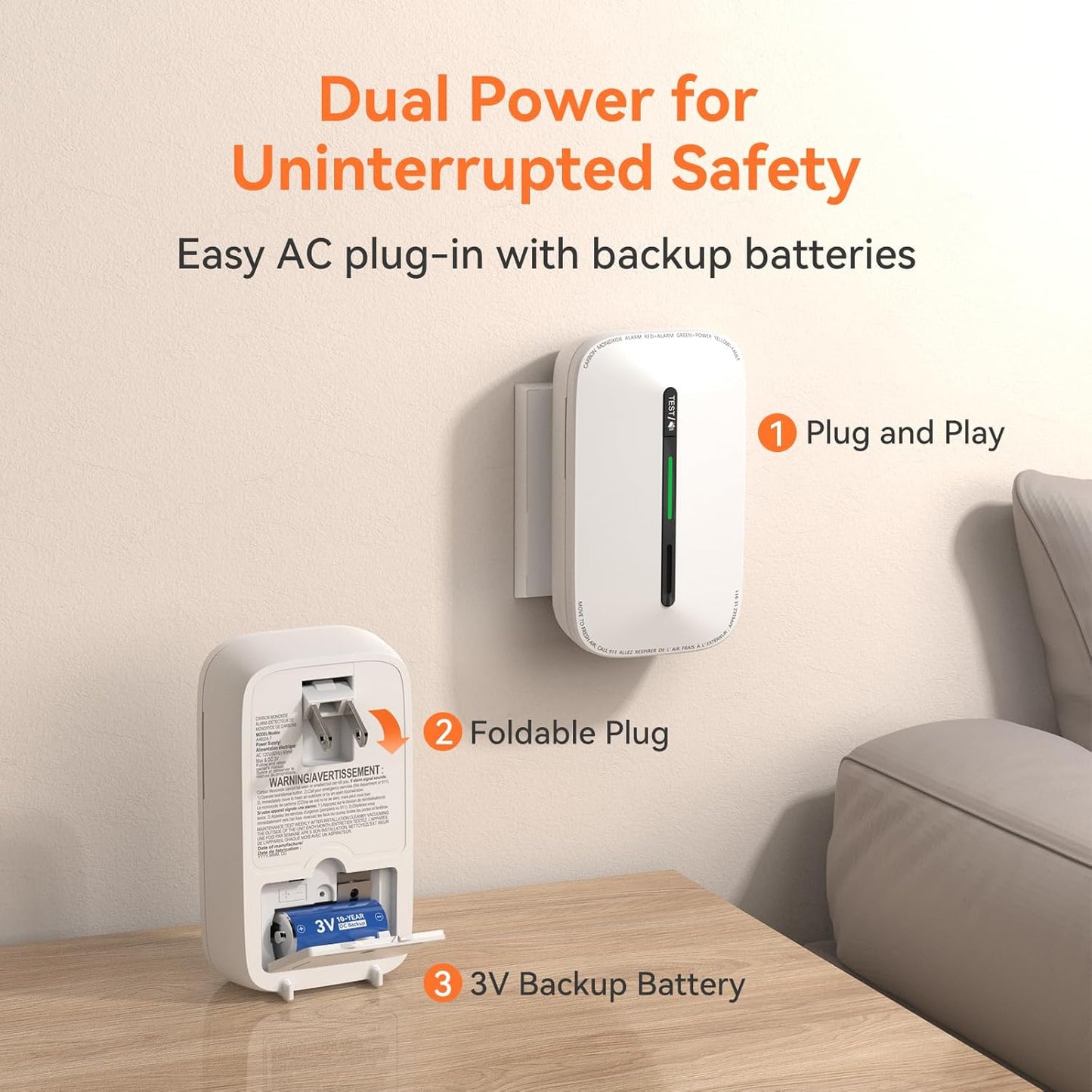 Jemay Carbon Monoxide Detector Plug in with 10 Year Battery Backup, Travel CO Detectors with Test-Button & Breathing Light, Portable AC Co Monitor Alarm for Home/RV/Rental Property, 2 Packs