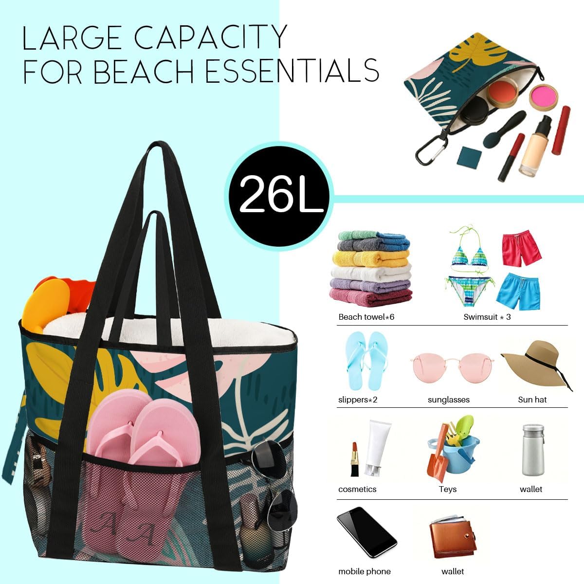 8-Pocket Waterproof Tote for Women -Sandproof Beach Bag with Zipper& Family | Foldable Travel Swim Bag (Gift-Ready)