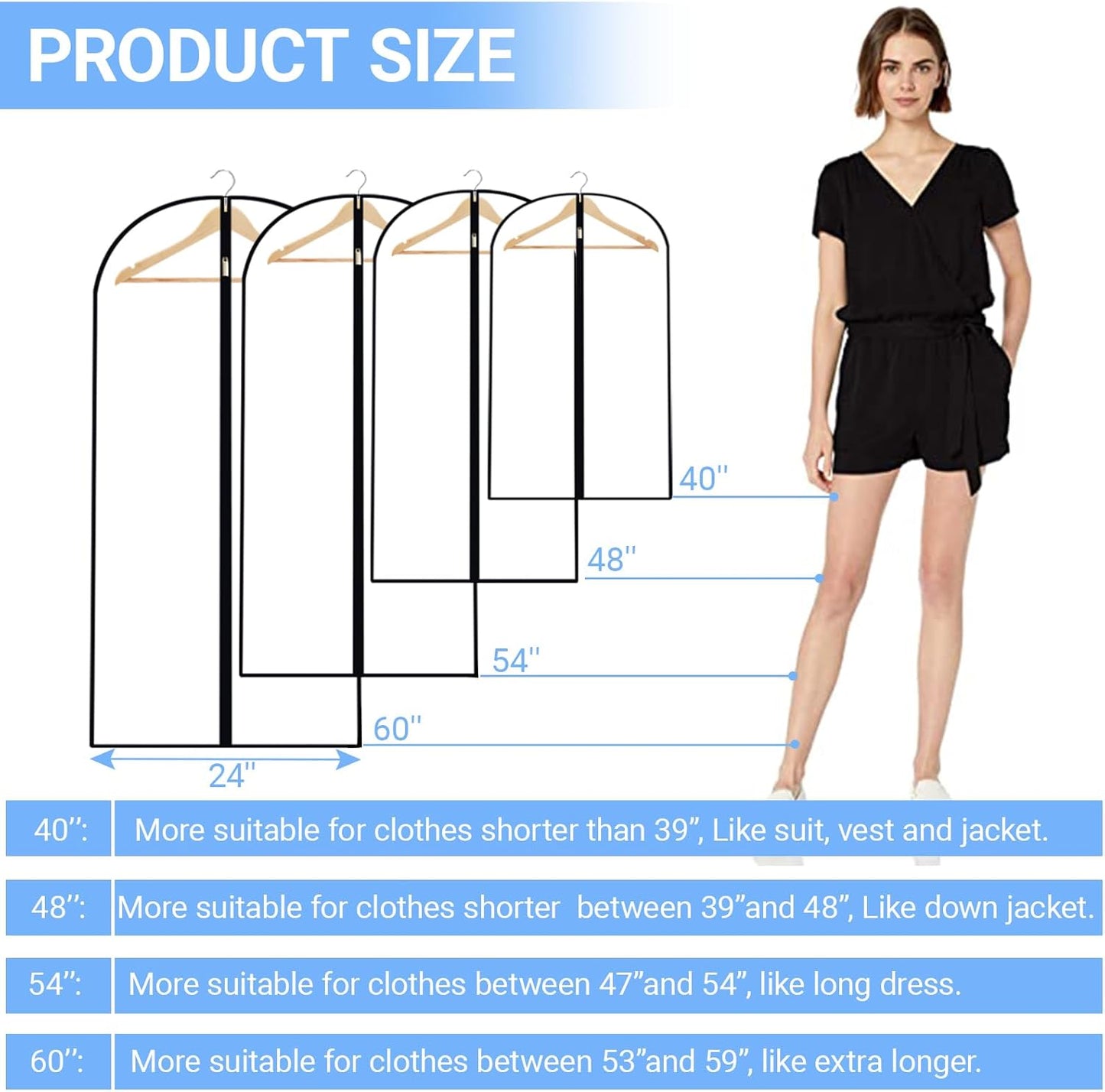 Garment Bags for Hanging Clothes 24'' x 40'' (Set of 12) Coat Covers for Closet Foldable Washable Dress Bags for Hanging Clothes for Long Dress Dance Costumes Suits Gowns Coats