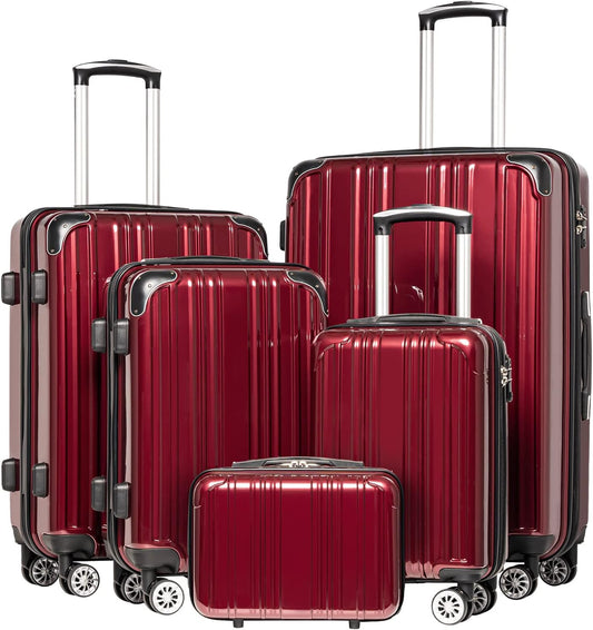 Coolife Luggage Expandable 5 Piece Sets PC+ABS Spinner Suitcase 20 inch 24 inch 28 inch (wine wind new)