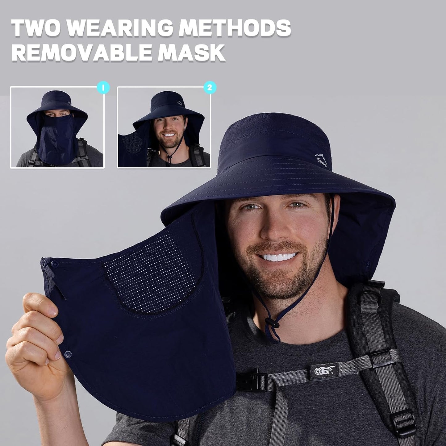 Rosoz Sun Hat for Men Women with Neck Flap,Wide Brim UPF50+ Fishing Hat with Detachable Face Cover Outdoor Sun Protection Hat
