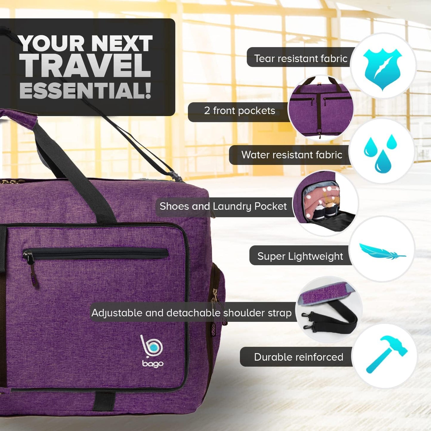 Bago Large Foldable Duffel Bags for Traveling Women & Men - 120L Packable Duffle Bag for Travel with Shoe Compartment - Water Repellant, Heavy Duty, Lightweight Folding & Collapsible (SnowDepPurple)