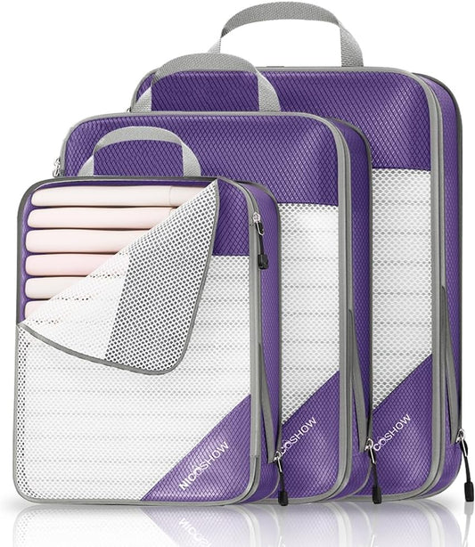 Compression Packing Cubes 3 Set, Compressible Space-Saving Packing Cubes for Travel - Compression Bags, Luggage Organizer, Travel Essentials for Women, Purple