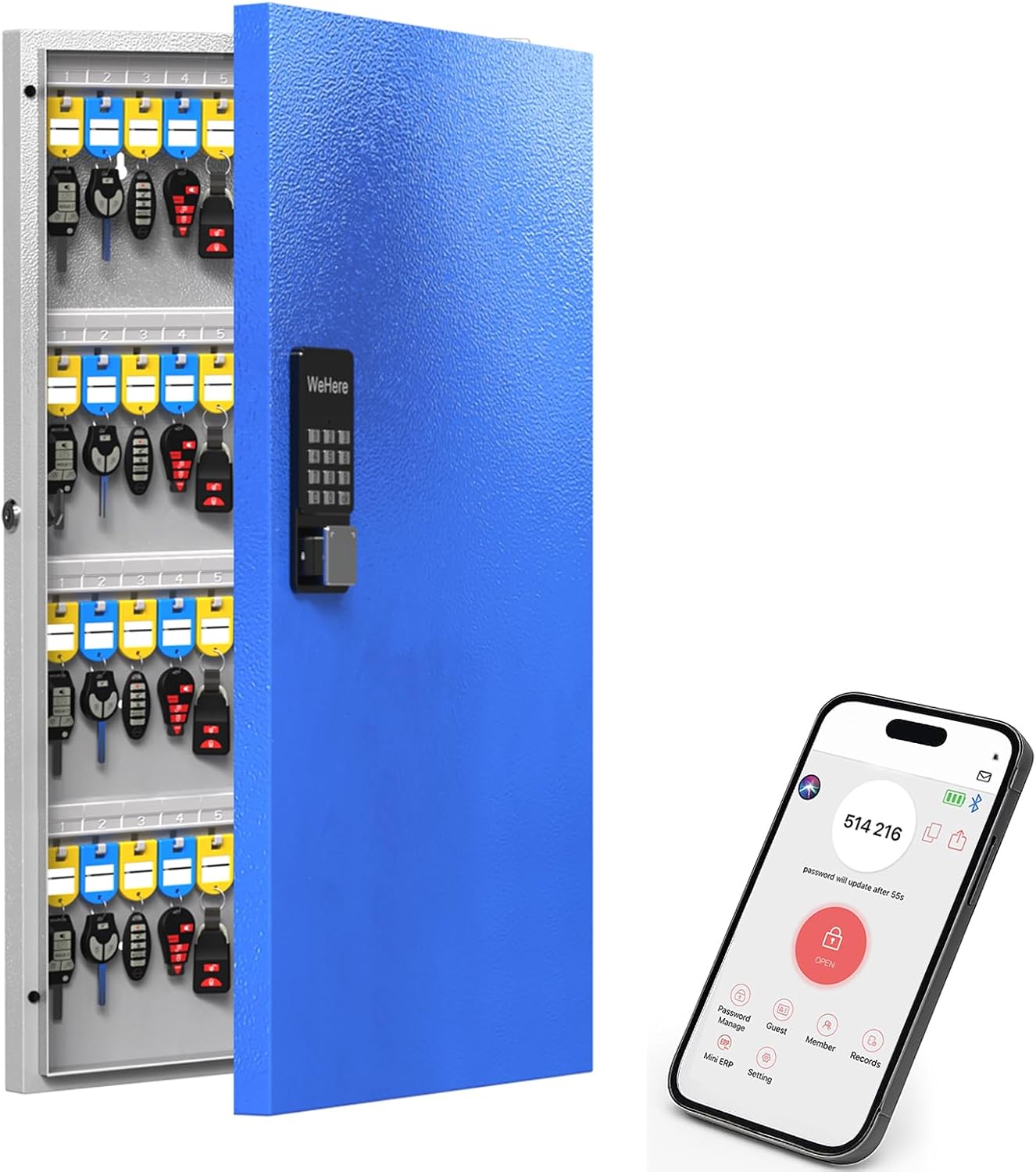 WeHere 96 Key Lock Box Wall Mount, APP Bluetooth/Wi-Fi Remote/One Time Password Share/Fixed Code Unlock, Smart Cabinet, Organizer for Apartment, Hotel, Office, Real Estate Management