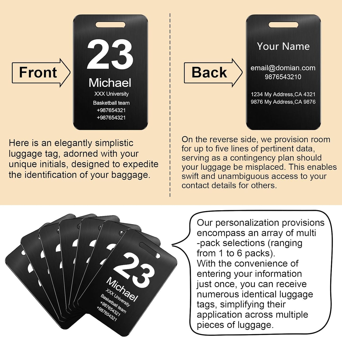 Customized Stainless Steel Luggage Tags: Personalize Your Suitcases, Backpacks, and Bags with Your Text - Custom Initial Text Name ID,Number 2"x3.3"(4 Pack)