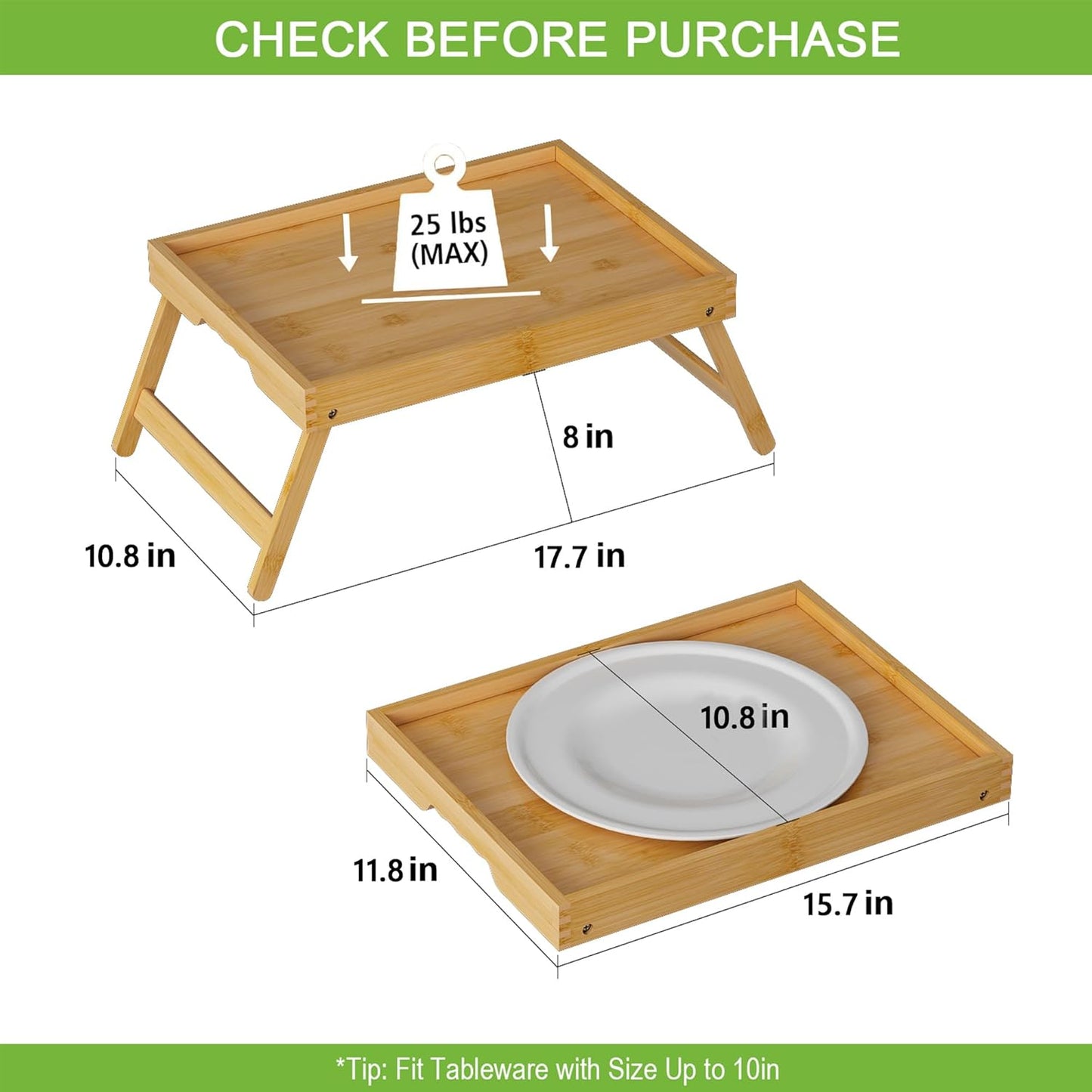 Bed Tray Table with Folding Legs,Bamboo Breakfast in Bed for Kitchen Serving Tray,Sofa,Eating,Used As Laptop Desk Snack Tray (Bamboo, Medium)