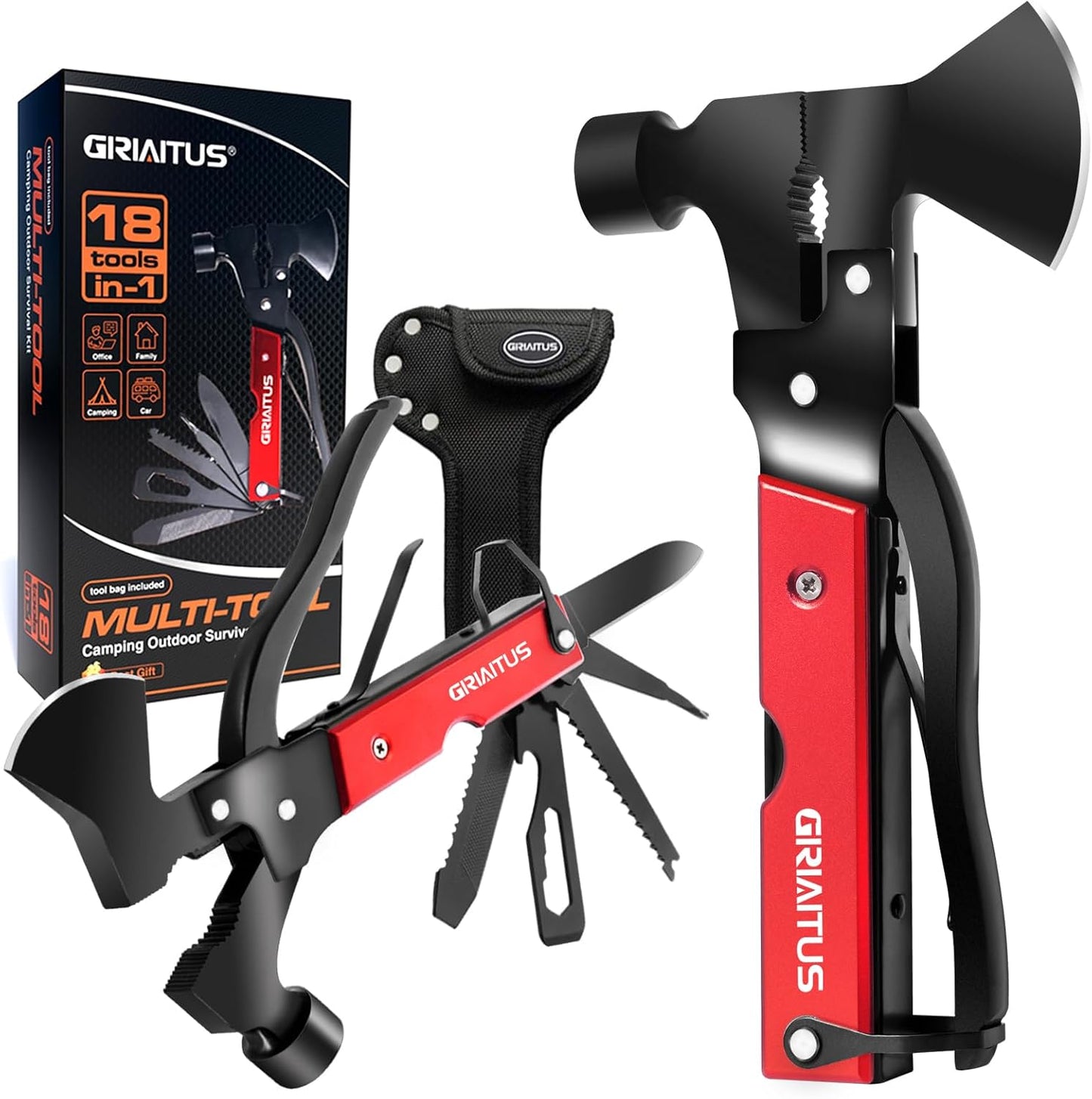 Multitool Camping Accessories Gifts for Men Survival Gear 18 in 1 Camping Multi Tool with Axe Hammer Saw Screwdrivers Pliers Bottle Opener Stocking Stuffers Gifts for Men Dad Him