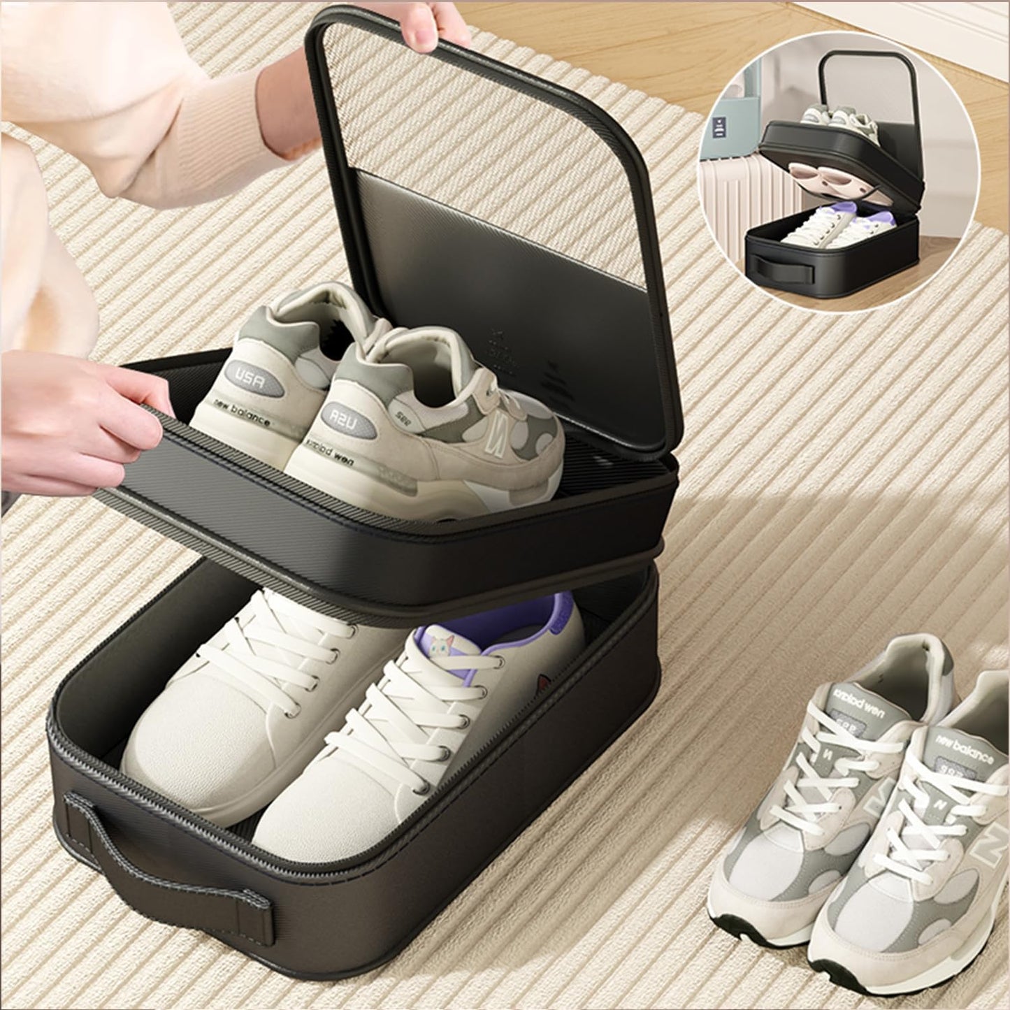 Resdenio 2 Pack Shoe Bags for Travel - Holds 3 Pair of Shoes, Portable Shoes Storage Bag Organizer, Travel Luggage Shoe Organizer for Women and Teenager (Black)