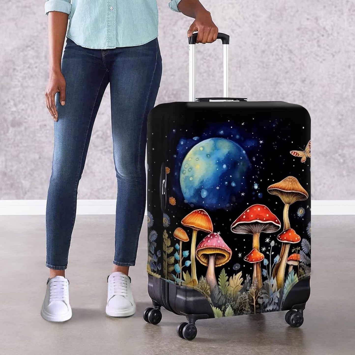 Butterfly Mushroom Print Travel Suitcase Cover Protector Elastic Zipper Closure Fit 18-21 Inch Luggage
