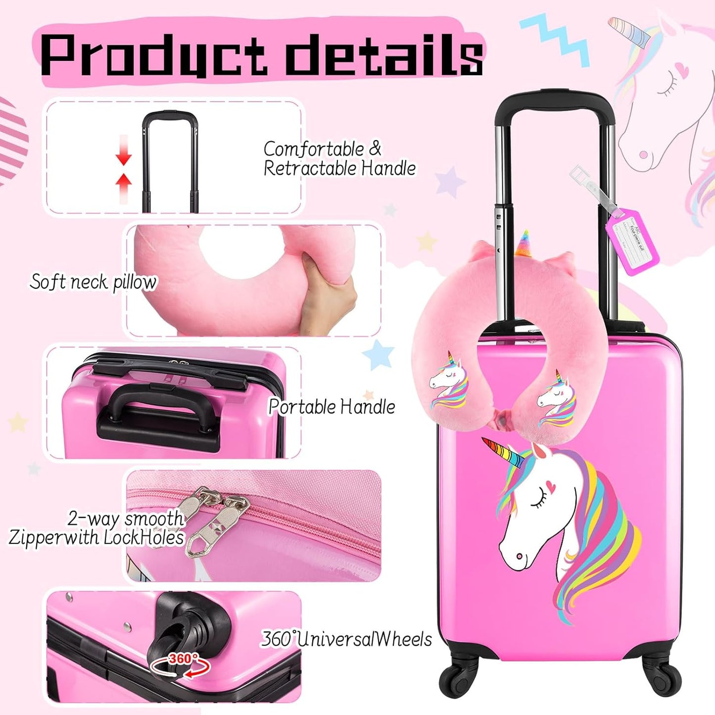 Sanwuta 4 Pcs Kids Luggage Set Kids Backpack Travel Rolling Suitcase with Wheels U-shape Pillow Childrens Gift for Girls Boys(17 Inch,Unicorn Style,Pink)