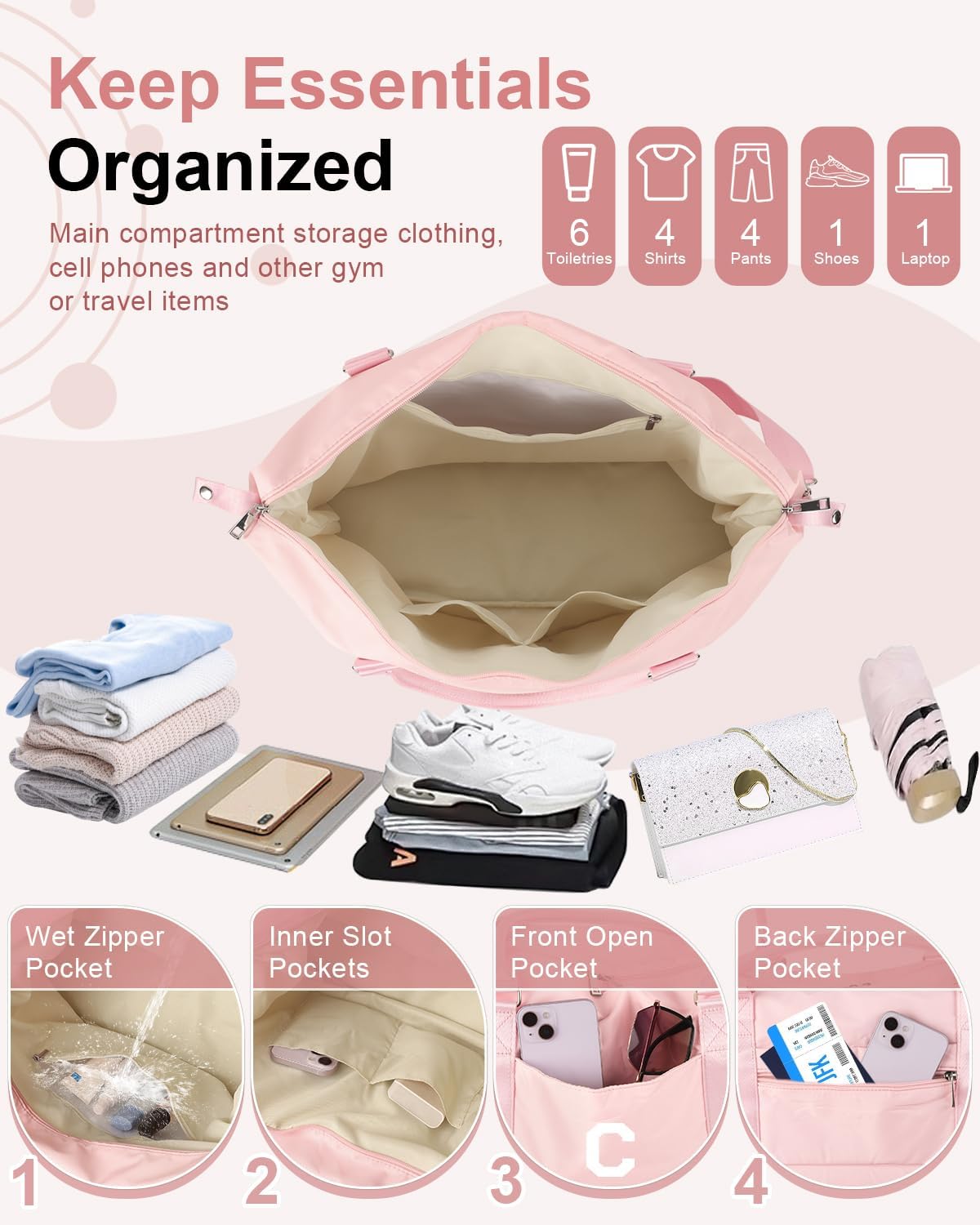 Initial Travel Duffel Bag Sports Gym Bag for Girls Teen Birthday Gifts,Pink Personalized Weekender Bag Carry On Tote Bags for Women Men,Waterproof Overnight Luggage Bag with Trolley Sleeve(Letter C)
