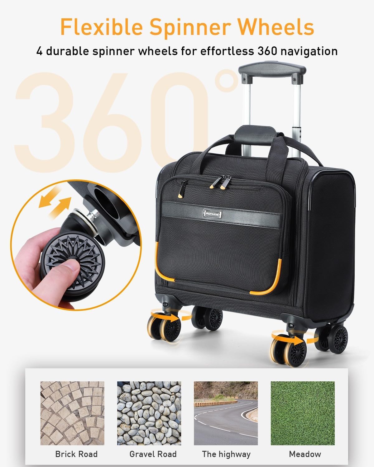Rolling Laptop Bag, Rolling Briefcase with 4 Spinner Wheels, 13 Inch 1680D Nylon Water Resistant Computer Bag for Men and Women Work Travel, Black