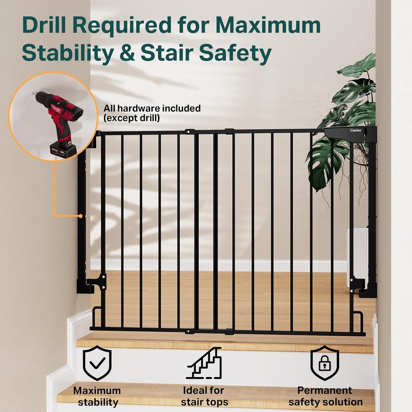 Cumbor 29.2–43" Baby Gate for Stairs, Wall-Mounted (Drill Required), Expandable No Bottom Bar Dog Gate, Auto Close Extra Wide Walk Thru, Pet & Toddler Proof Gate, Top & Bottom of Stairways(Black)