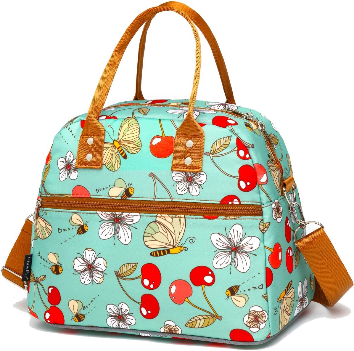 FlowFly Insulated Lunch Bag With Shoulder Strap for Women, Men, and Kids, Large and Reusable, Handle, Freezable Work and School Travel Tote and Meal Prep Organizer,Turquoise Cherry