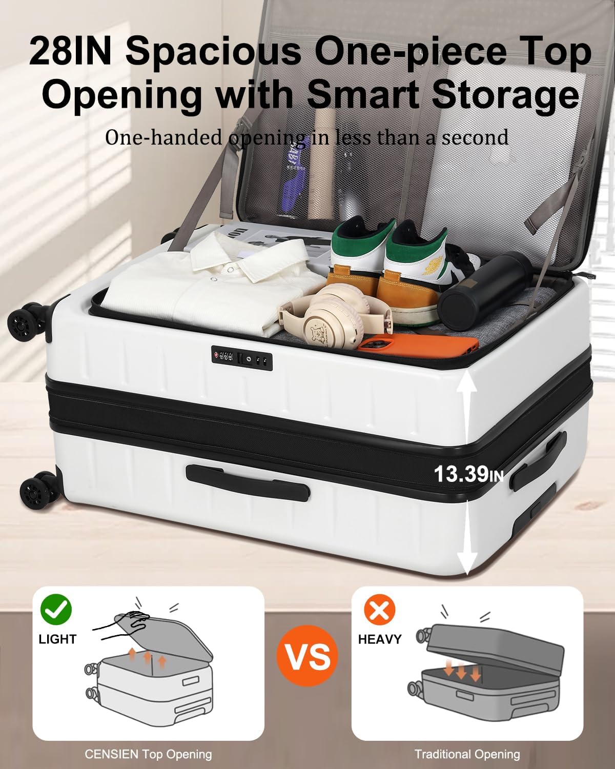 Expandable Checked Luggage, 28 Inch Luggage with Spinner Wheels, Lightweight ABS+PC Hard Shell Large Suitcase with Top Opening, TSA Lock (White, 1PC)
