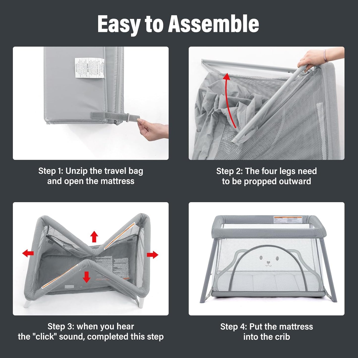 Travel Crib,Portable Crib for Baby, Pack and Play for Babies and Toddler, Lightweight Backpack Design,Foldable Travel Baby Playpen with Mattress(Light Grey)