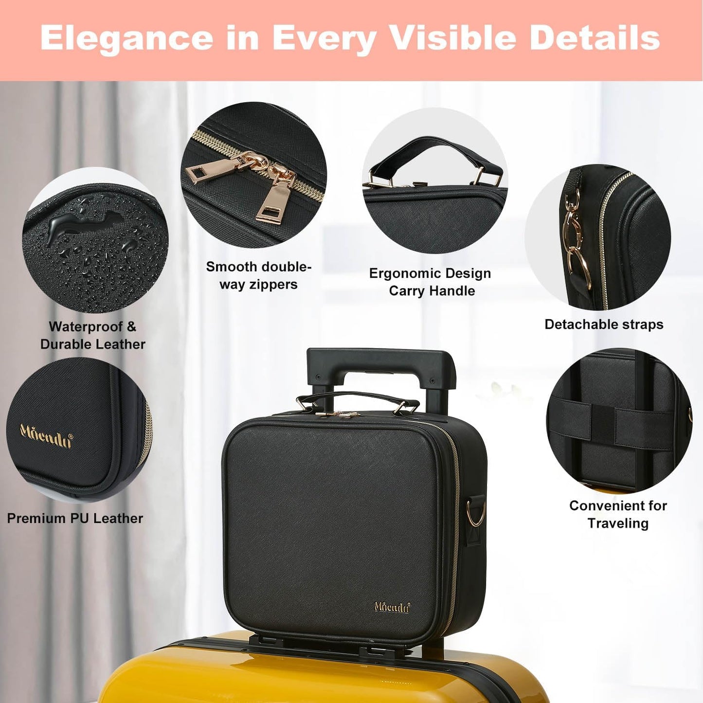 Mocado Travel Makeup Bag with LED Lighted Mirror,Travel Makeup Organizer,Makeup Case with 8 Makeup Brushes and 10x Magnifying Mirror,3 Colors Lighting, Adjustable Dividers Makeup Box(Black)