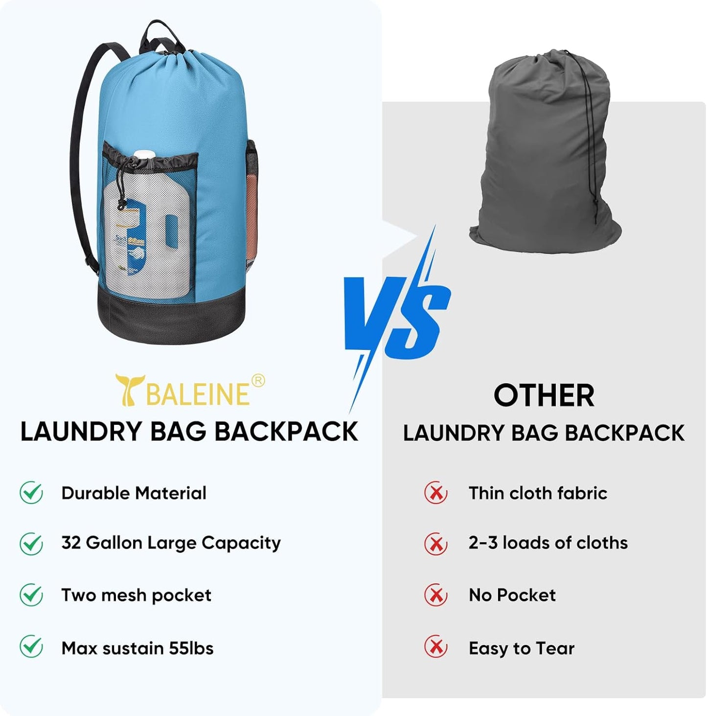BALEINE 150L Laundry Bag Backpack, 900D Oxford Fabric Large Travel Laundry Bags with Shoulder Straps and 2 Mesh Pockets for College Dorm, Apartment, Laundromat (Blue, 150L)