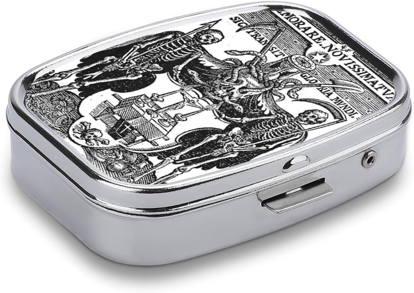 Metal 2 Compartment Pill Organizer Travel Friendly Portable Compact Pill Box Cute Pill Case to Hold Vitamins,Fish Oil,Supplements,Meds,Tablet for Purse,Pocket. (Skeleton Warrior)