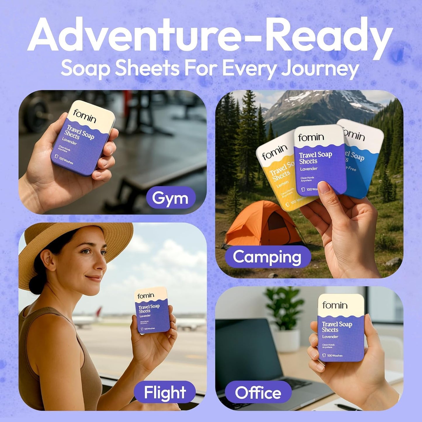 FOMIN - Antibacterial Paper Soap Sheets Tin for Traveling - (300 Sheets) Lavender - Portable Travel Hand Soap Sheet, Dissolvable Mini Camping Hand Soap for Hand Washing