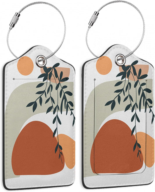 Luggage Tags for Suitcase,2 Pack Boho Sun Leaves Luggage Tag Abstract PU Leather Privacy Cover ID Label with Stainless Steel Loop for Women Men Teens Travel