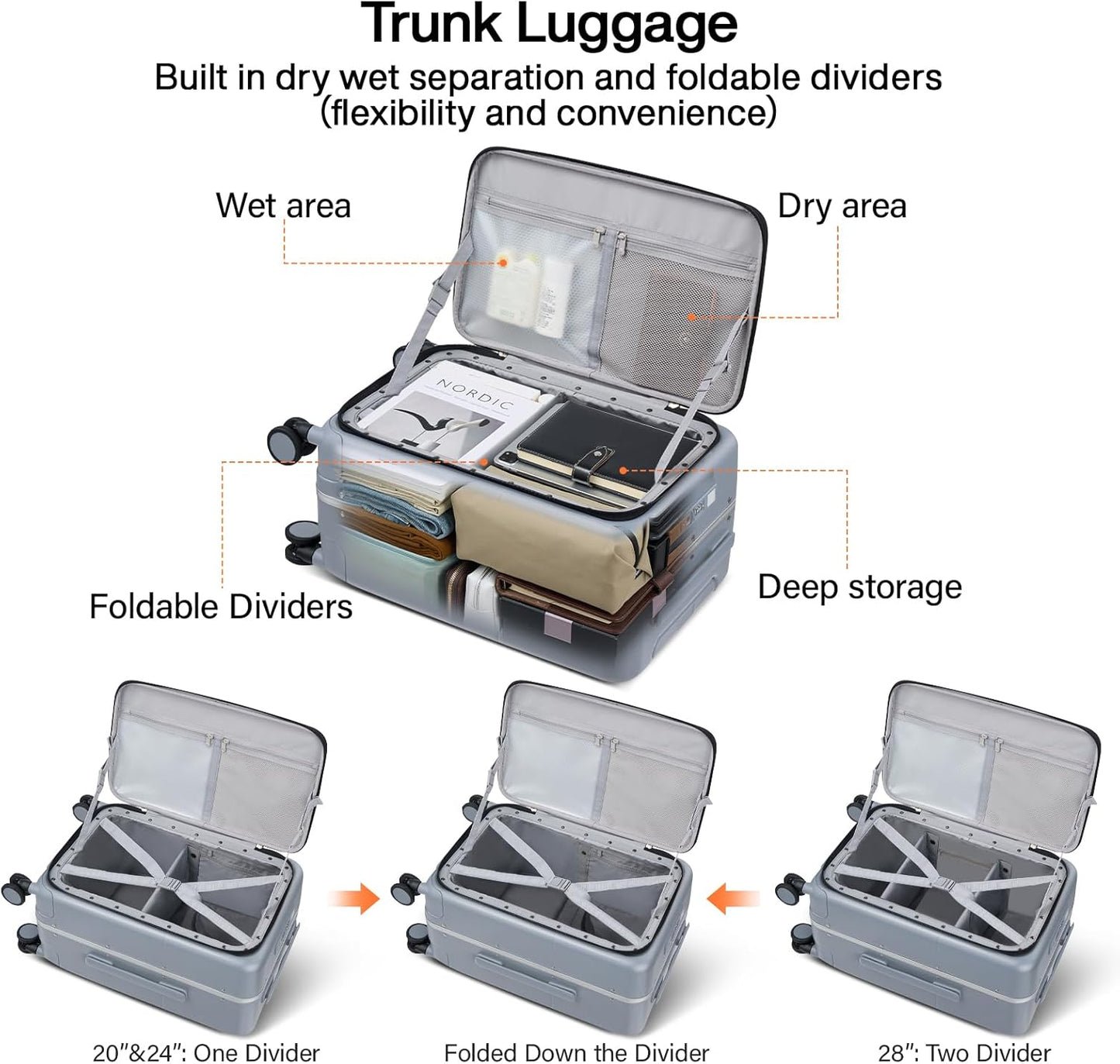 Hanke 28 Inch Luggage with Cup Holder and Charge,Top Opening Hard Shell Suitcases with Wheels and Dividers,Aluminum Frame Trunk Luggage Extra Large Suitcase with Lock for Travel,Gray