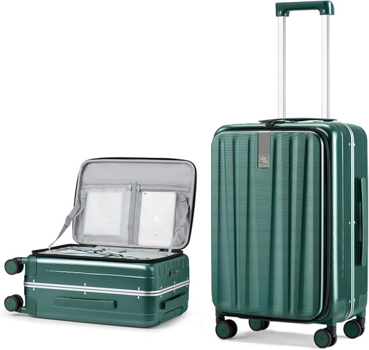 Hanke 24 Inch Checked Luggage Front Opening Rolling Suitcase Hard Sided Luggage with Spinner Wheels Travel Luggagefor Woman Men.(Dark Green)
