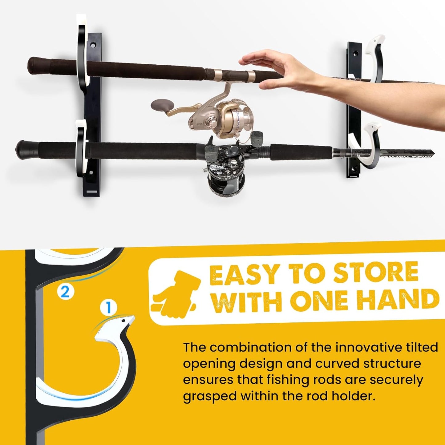 QudraKast Horizontal Fishing Rod Holder for Garage Wall Ceiling Mount - Fishing Pole Holders Fishing Rod Rack Holds Up to 6 Rods or Combos, Ideal Fishing Gift (3Pack)