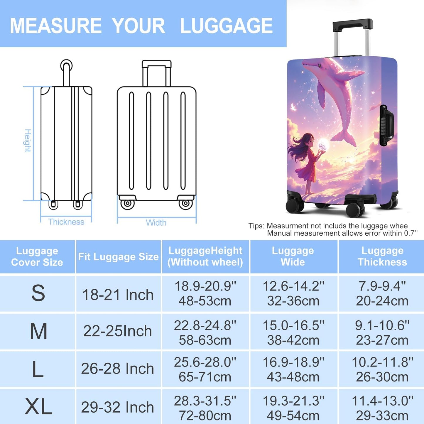 Luggage Cover Washable Suitcase Protector Anti-Scratch,Stretchable Fit for 20-34Inch Luggage Durable Travel Bag Cover with Zipper Closure (Dolphin, S(fits 20-22inch suitcase))
