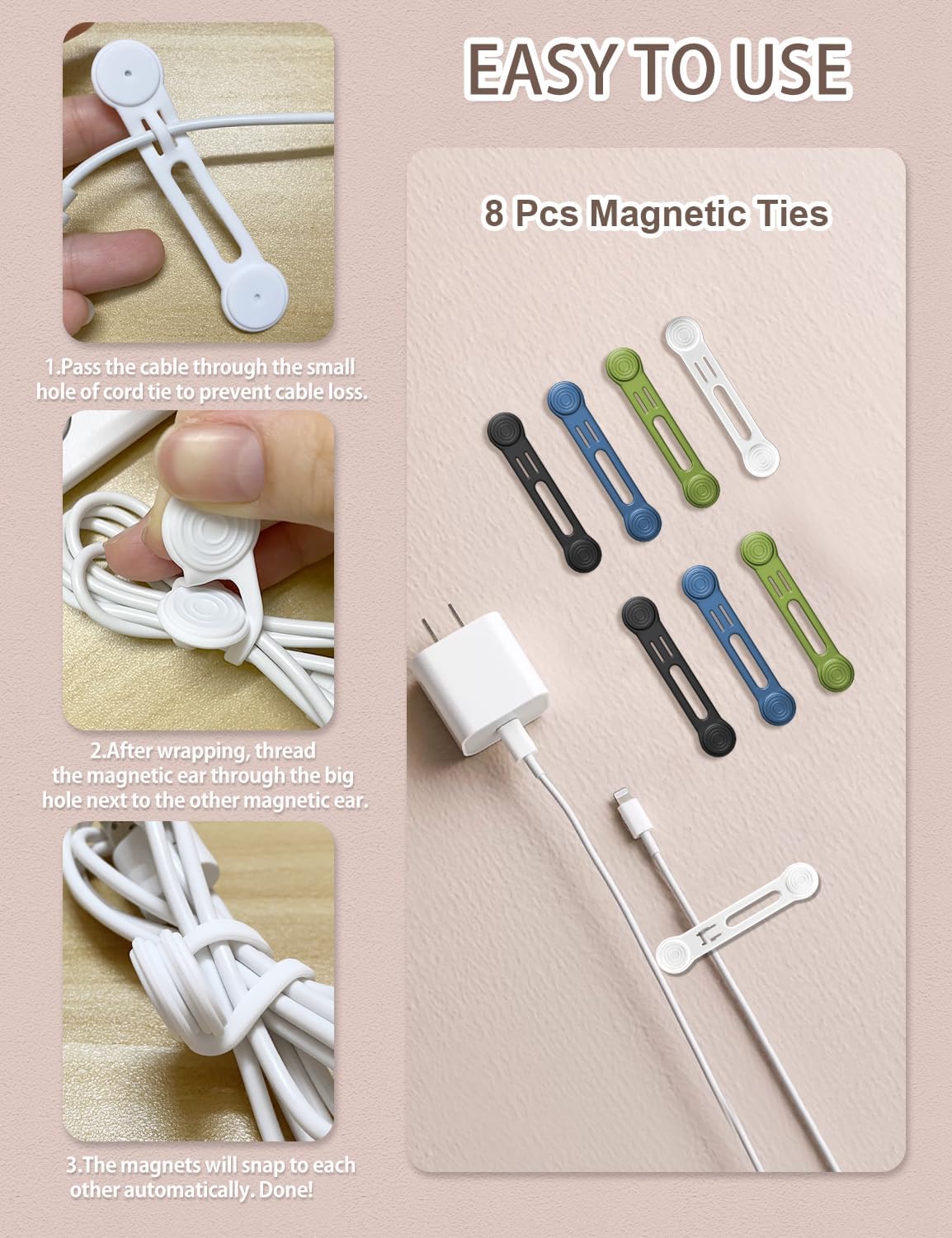 Kanemc 8-Pack Magnetic Cable Ties, Magnet Cord Wraps Reusable Silicone Cable Organizer Twist Zip Ties For USB Earphone Computer Smartphone Charging Cords (4Colors)