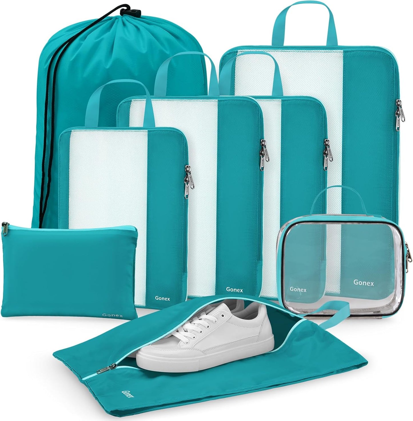 Gonex 8 Set Compression Packing Cubes, Expandable Mesh Organizer for Travel Accessories, Essentials With Toiletry, Laundry, Shoe, Cable Bags for Suitcases, Blue