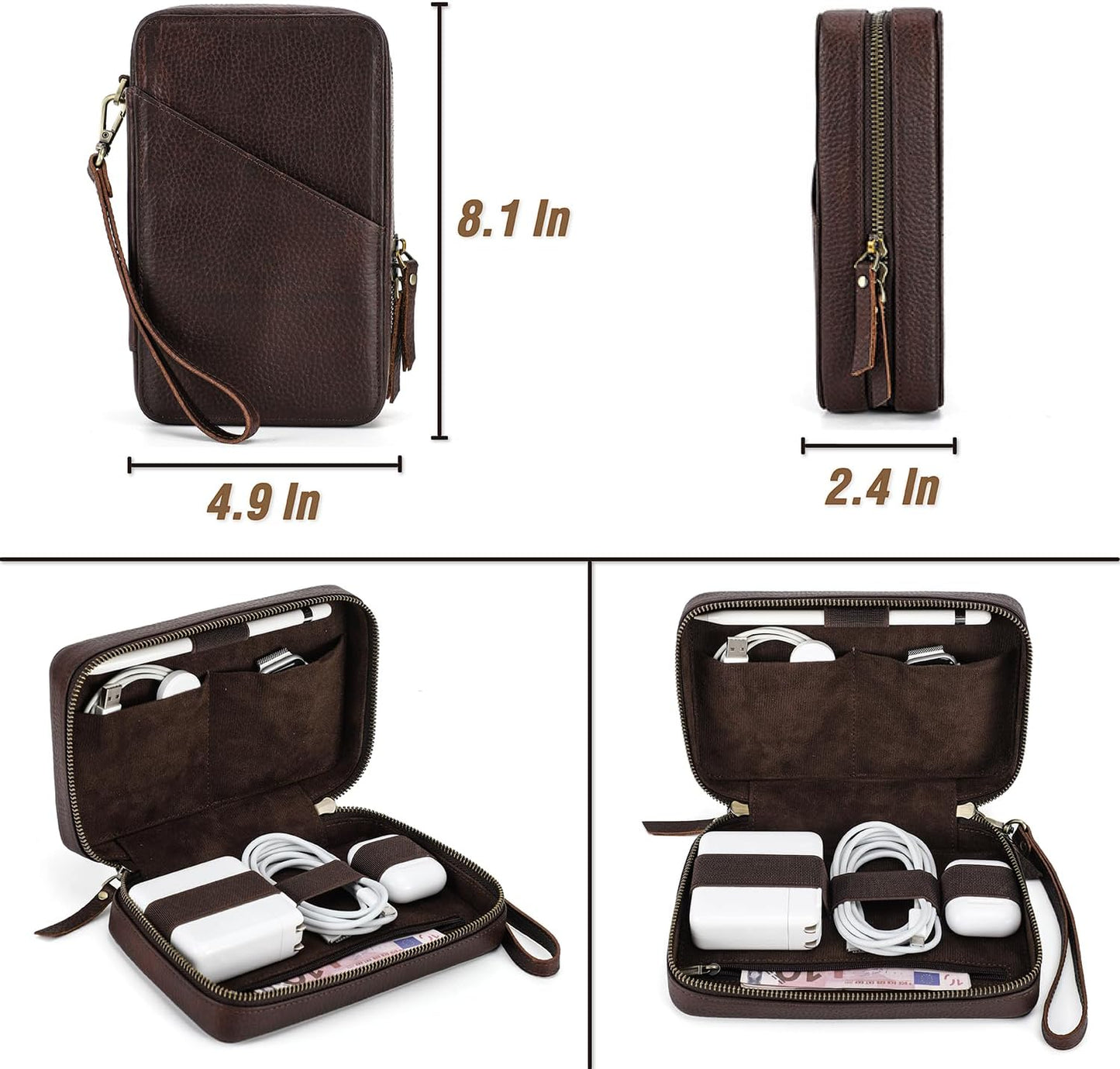 Electronic Organizer Case Tech Kit, Top Grain Leather Handmade, Portable Compact Travel Electronic Accessories Storage Case Fits Phone, USB Cables, Chargers, Hard Drive, Cards, Apple pencil