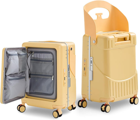 TABU 20" Ride-on Luggage with Seat，Front Opening Carry-On Hardshell Ride On Suitcase with Built-in Charging Port, 360° Lockable Spinner and TSA Lock, for Kids & Adults, Yellow