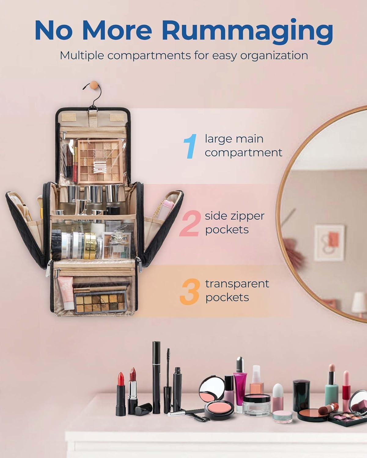 BAGSMART Makeup Bag for Women with Hanging Hook, Large Portable Capacity Water-resistant Organizer Travel Case for Toiletries and Cosmetics, Blue