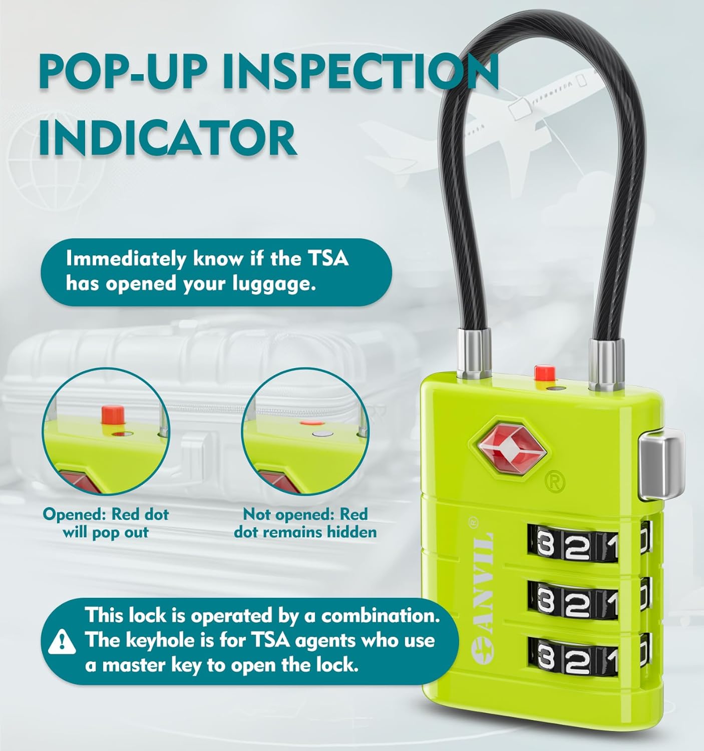 ANVIL TSA Approved Luggage Locks – High Security TSA008 Combination Travel Locks with Inspection Indicator for Suitcases and Backpacks. (4, Grass Green)